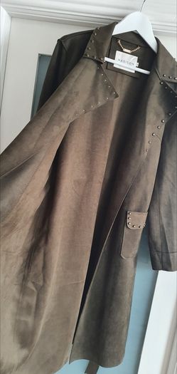MADISON khaki midi length coat with stud detail open front with tie Sz L (12-16 UK) - Rrp 289 (New)