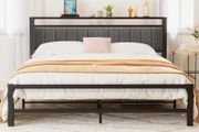 King Size Bed Frame with Storage Headboard, Metal Upholstered Platform Bed Frame King Size/Under Bed Storage/No Box Spring Needed, Dark Gray King Bed Frame