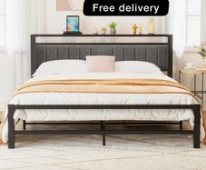 King Size Bed Frame with Storage Headboard, Metal Upholstered Platform Bed Frame King Size/Under Bed Storage/No Box Spring Needed, Dark Gray King Bed Frame