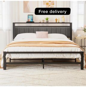 King Size Bed Frame with Storage Headboard, Metal Upholstered Platform Bed Frame King Size/Under Bed Storage/No Box Spring Needed, Dark Gray King Bed Frame