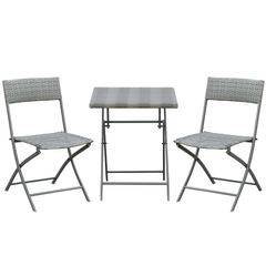 2-Seater Chair Bistro Set Garden Patio Table & Chair Black Rattan Furniture Grey