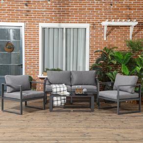 4 Pieces Garden Sofa Set, Including 2 Single Armchairs, 1 Bench & Side Table, Aluminium Frame Patio Furniture with Cushions, Grey