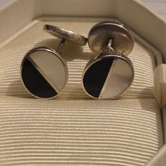 Vintage 925 Sterling Silver Mother of Pearl and Onyx Face Cufflinks with Chain Link