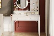 Dressing Table with height-adjustable Mirror for 120-180 cm, LED Lights with Adjustable Brightness, Vanity Table with 2 fabric Drawers and 4 Open Compartments, 80x40x136cm