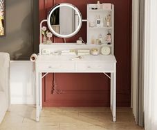 Dressing Table with height-adjustable Mirror for 120-180 cm, LED Lights with Adjustable Brightness, Vanity Table with 2 fabric Drawers and 4 Open Compartments, 80x40x136cm