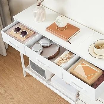 Console Table with 3 Fabric Drawers, Narrow Console Table with Open Shelf, 97 cm L Slim Entryway Table, Couch Table, for Hallway, Living Room, Bedroom, White