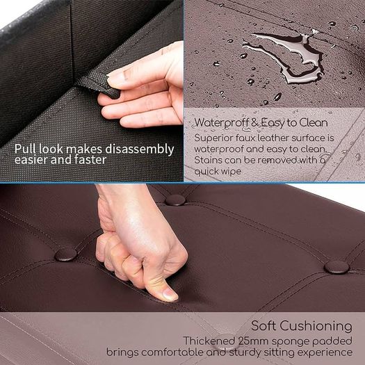 NEW SALE | Folding Ottoman Bench Storage Box with Lid, Large Storage Seat Faux Leather Footstool Toy Storage Box, Brown, 76 x 38 x 38 cm