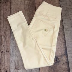 Freddy WR.UP Faux Leather Shaping Trousers XS Beige High Waist Push Up Pants UK 6 New without Tags
