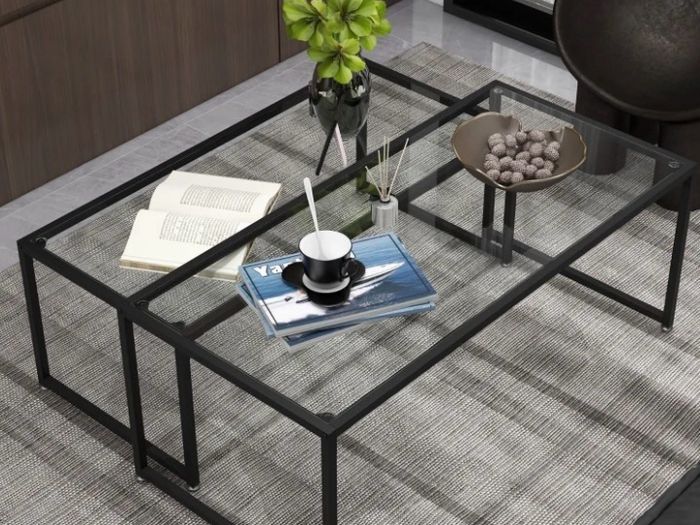 Set of 2 Coffee Tables, Glass Tables, with Powder-Coated Steel, Black + Transparent