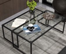 Set of 2 Coffee Tables, Glass Tables, with Powder-Coated Steel, Black + Transparent
