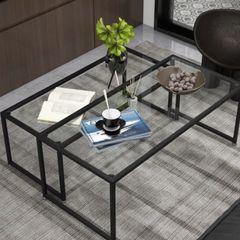 Set of 2 Coffee Tables, Glass Tables, with Powder-Coated Steel, Black + Transparent