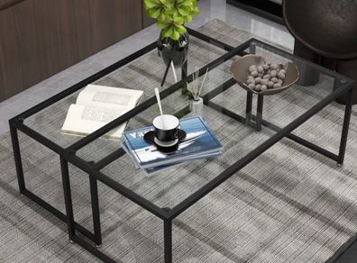 Set of 2 Coffee Tables, Glass Tables, with Powder-Coated Steel, Black + Transparent