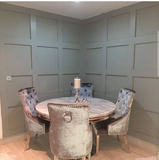 Marble Round Dining Table with 4 Grey Dining Chairs