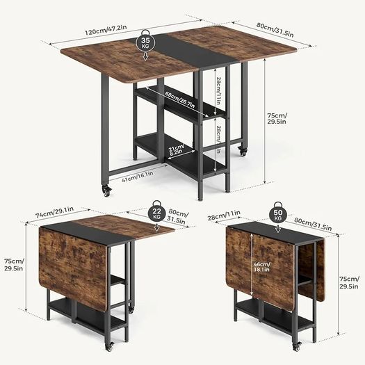 Drop Leaf Table with Storage Shelves Extendable for Small Spaces Kitchen Dining Room, 120 x 80 x 75 cm, Rustic Brown and Black