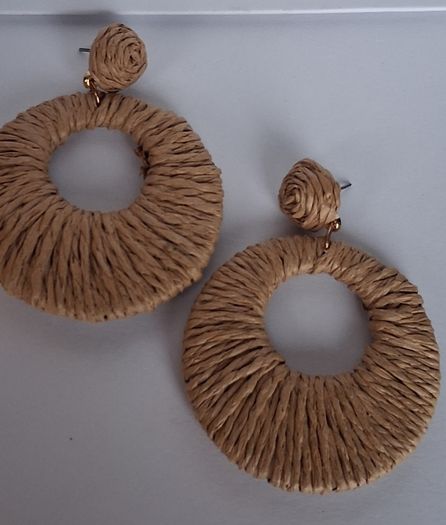 Coffee Beige Raffia Woven Stud Hollow Out Woven Hoop Earrings