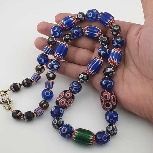 Vintage Venetian Style Mix Thousand Eyes & Chevron Glass Beads Necklace