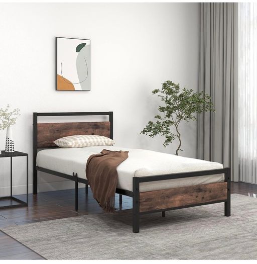 3ft Single Bed Frame with Wooden Headboard, Brown Heavy Duty Steel Support, No Box Spring Needed, Noise Free,Easy Assembly