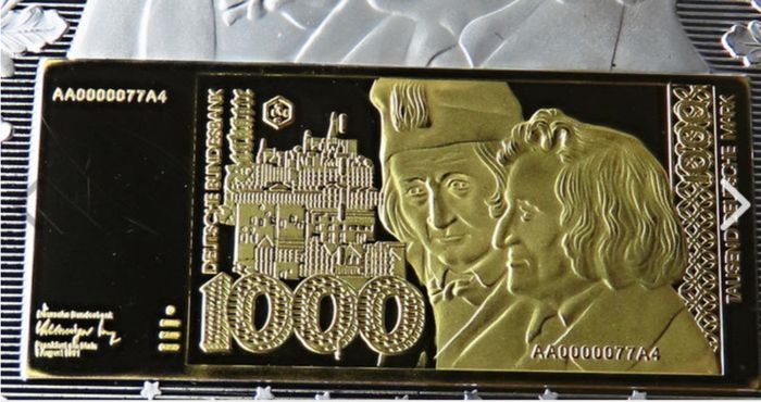 Brothers Grimm 1000 Deutsche mark 1992 Silver plated Gold gilt proof banknote commemorative XXL