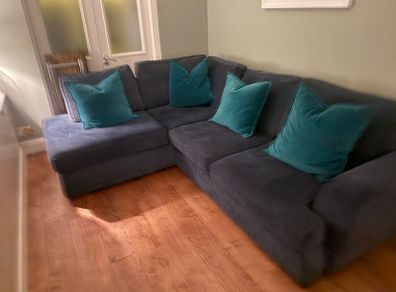 DFS Navy Corner Sofa with Storage Footstool.  Excellent Condition