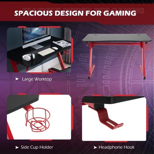 Gaming Desk Steel Frame w/ Cup Headphone Holder Adjustable Feet Red (FREE POSTAGE)