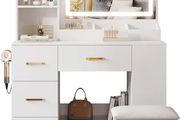 Dressing Table with Mirror and Stool: Vanity Desk with Mirror and Drawers, Open Shelves, White Vanity Dressing Table for Bedroom with Led Light, 3 Color Light &amp; Adjustable Brightness