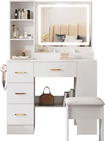 Dressing Table with Mirror and Stool: Vanity Desk with Mirror and Drawers, Open Shelves, White Vanity Dressing Table for Bedroom with Led Light, 3 Color Light & Adjustable Brightness