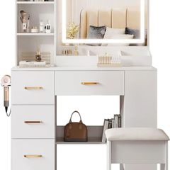 Dressing Table with Mirror and Stool: Vanity Desk with Mirror and Drawers, Open Shelves, White Vanity Dressing Table for Bedroom with Led Light, 3 Color Light & Adjustable Brightness