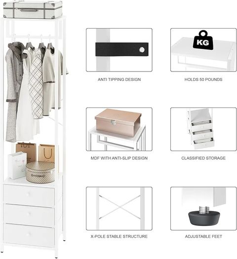 Coat Rack with Non woven Drawer, Freestanding Tall Closet Organizer, Clothes Rack with Rod, Tall Clothes Standing Dresser for Bedroom, Living Room, Entryway, White