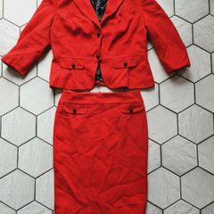 Marks & Spencer Suit Wool Red Jacket Skirt Size 16