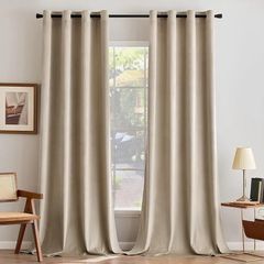 Beige Velvet Curtains for Bedroom 2 Panel Set 90 Inch Drop Curtains, Soft Elegent Home Decor Velvet Curtain Living Room, Sun Blocking Room Darkening Thermal Eyelet Curtain 46x90 Inch