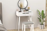 Modern Dressing Table with Round Mirror and Stool, Makeup Vanity Table with 2 Drawers for Bedroom, Living Room, 60 x 40 x 123 cm, White