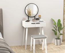 Modern Dressing Table with Round Mirror and Stool, Makeup Vanity Table with 2 Drawers for Bedroom, Living Room, 60 x 40 x 123 cm, White