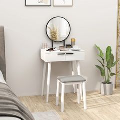 Modern Dressing Table with Round Mirror and Stool, Makeup Vanity Table with 2 Drawers for Bedroom, Living Room, 60 x 40 x 123 cm, White