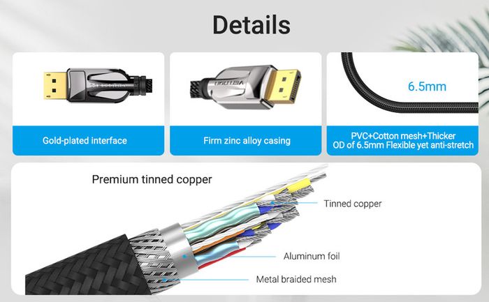 VENTION 3M Premium DisplayPort 1.4 UHD/3D 8K (7680x4320@60Hz) 32.4Gbps Luxury Model (Zinc Alloy/Nylon Braided/Gold Plated) Cable (Brand New/Warranty)