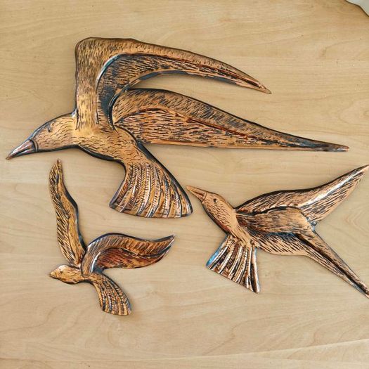 Set of 3 1970s copper flying birds retro kitsch items