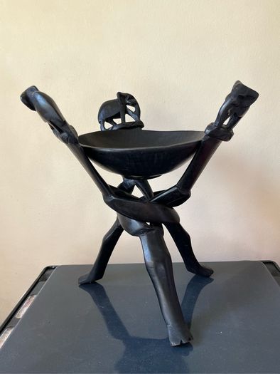 Hand carved wooden bowl and stand