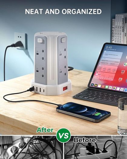 Tower Extension Lead 5M, (13A 3250W), 8 AC Outlets and 4 USB Ports Extension Tower, Surge Protection with 4 Independent Control Switch, Extension Cable for Office, Home, Kitchen