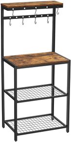 Standing Kitchen Shelf in Industrial Design with Metal Frame, Microwave Rack and 7 Hooks for Cooking Utensils, 60 x 40 x 138 cm, Vintage Brown and Black