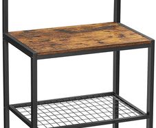 Standing Kitchen Shelf in Industrial Design with Metal Frame, Microwave Rack and 7 Hooks for Cooking Utensils, 60 x 40 x 138 cm, Vintage Brown and Black