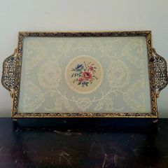 Antique ormolu brass & lace vanity tray