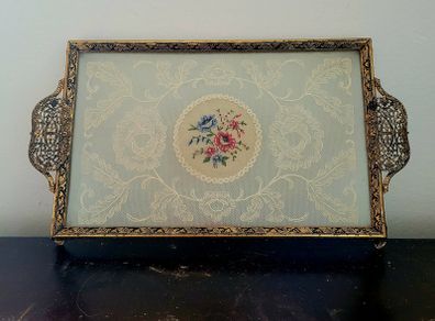 Antique ormolu brass & lace vanity tray