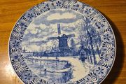 Vintage Dutch Original Blauw Delft Handmade White Blue Large Dinner Plate Hanging Wall Display Windmill circa 1970-80's