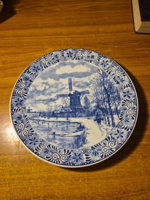 Vintage Dutch Original Blauw Delft Handmade White Blue Large Dinner Plate Hanging Wall Display Windmill circa 1970-80's