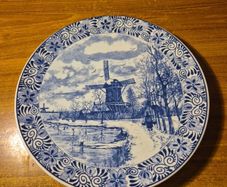 Vintage Dutch Original Blauw Delft Handmade White Blue Large Dinner Plate Hanging Wall Display Windmill circa 1970-80's