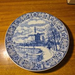 Vintage Dutch Original Blauw Delft Handmade White Blue Large Dinner Plate Hanging Wall Display Windmill circa 1970-80's
