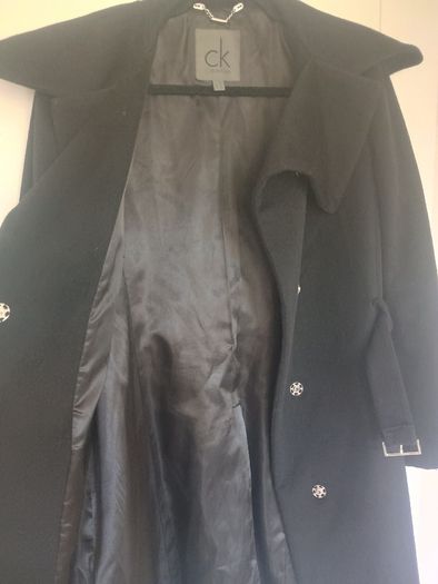 Calvin Klein Black Wool-Blend Belted Midi Coat - Size 42 (Excellent Condition)