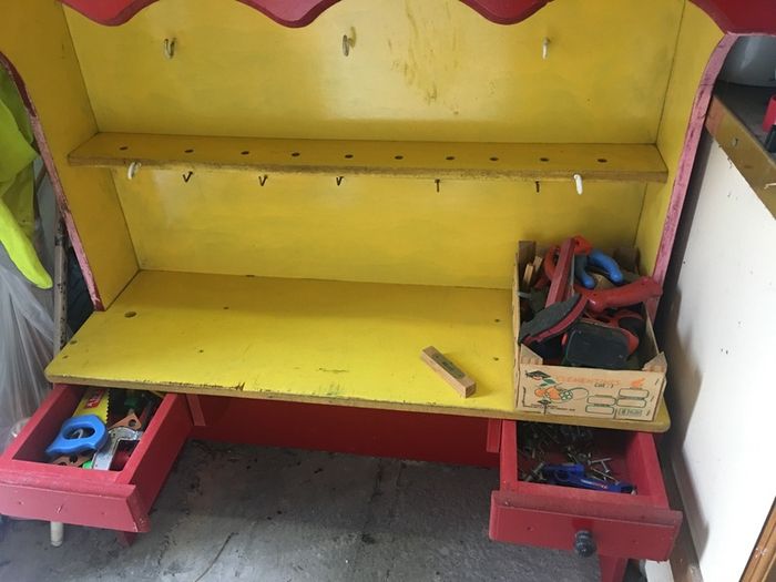Kids work shop play station dresser with tools.
