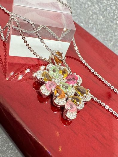 Multi-Tourmaline & White Zircon Pendant with Chain