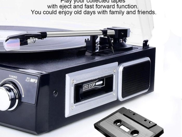 Vinyl Record Playe with Bluetooth and Stereo Speakers, Turntable for Vinyl to MP3 with Cassette Play, AM/FM Radio, Remote Control, USB/SD Encoding, 3.5mm Music Output Jack (FREE POSTAGE)