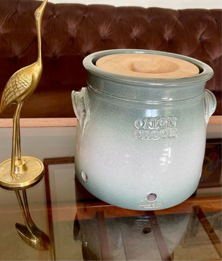 Handcrafted Kiltrea Bridge Pottery Stoneware Onion Crock Smooth Sage Green Glaze Embossed Onion Crock